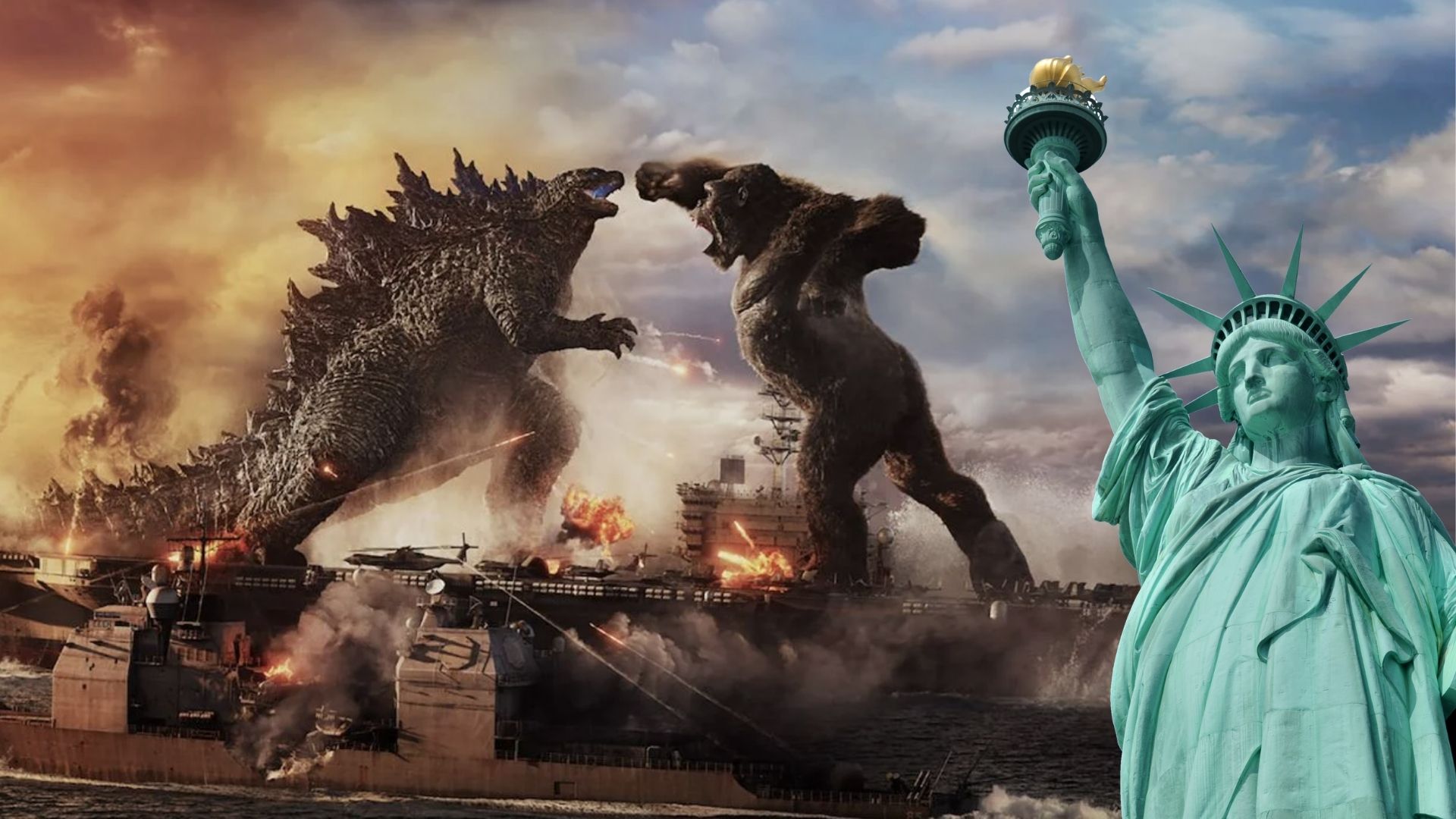Godzilla vs Kong estatua de la libertad